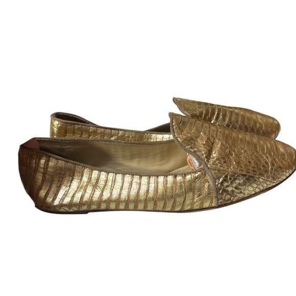 Brian Atwood Sz 10 Gold Metallic Snakeskin Textured Leather Loafers - Picture 3 of 8